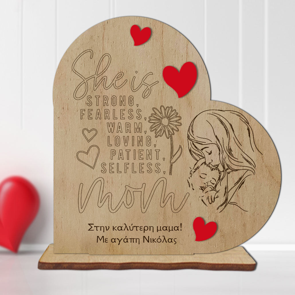 Ξύλινο Διακοσμητικό mom με καρδιές