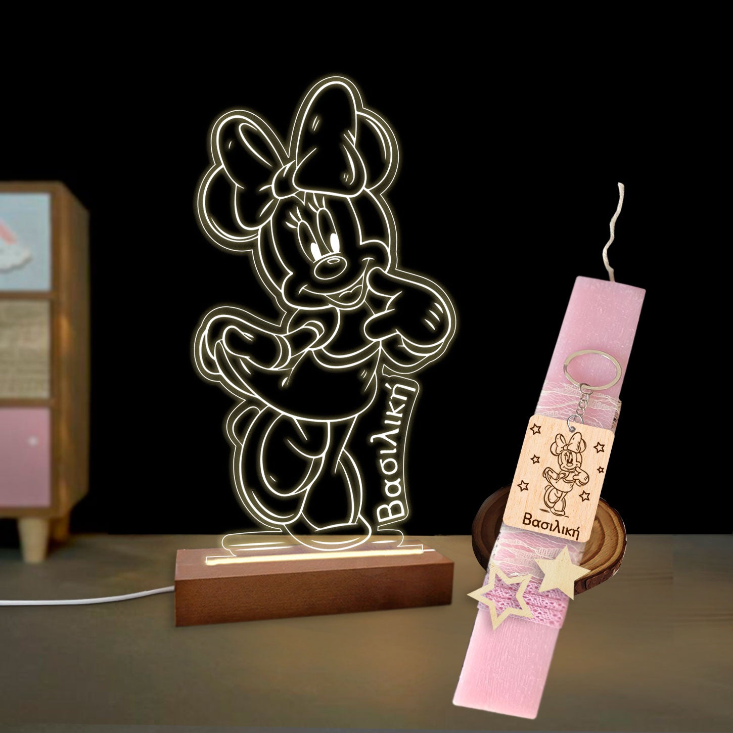 Σετ λαμπάδα με φωτιστικό plexiglass και μπρελόκ minnie