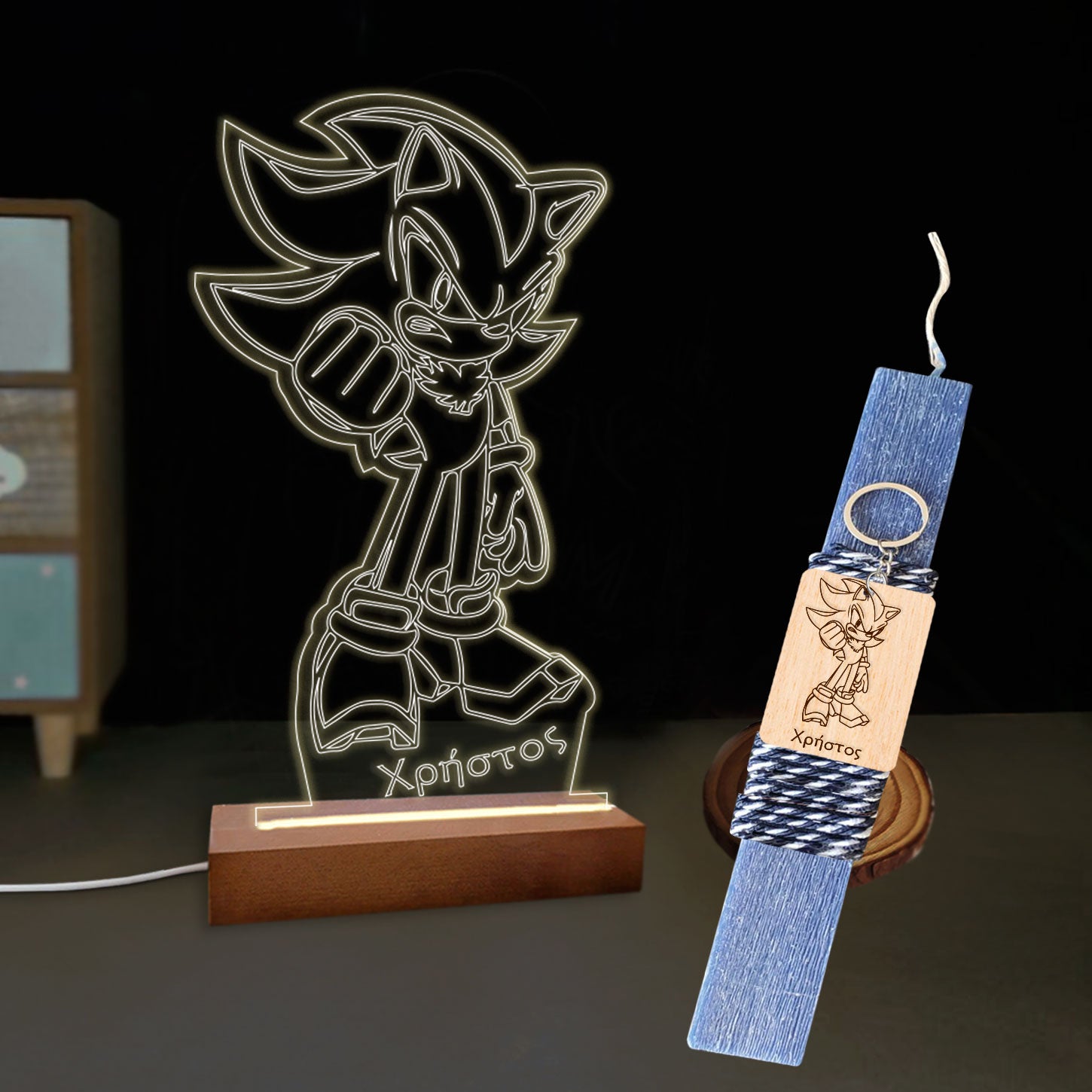 Σετ λαμπάδα με φωτιστικό plexiglass και μπρελόκ sonic