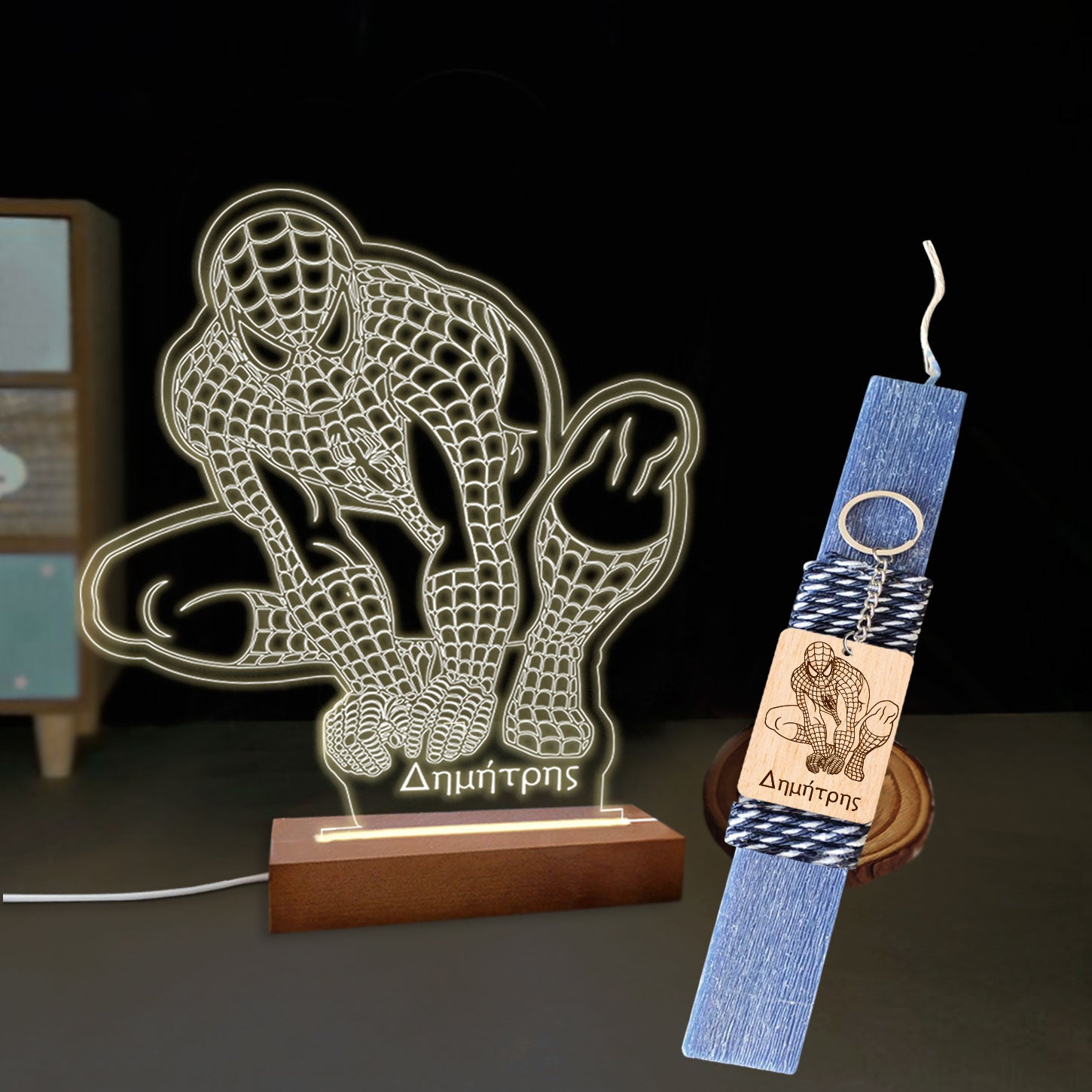 Σετ λαμπάδα με φωτιστικό plexiglass και μπρελόκ spiderman