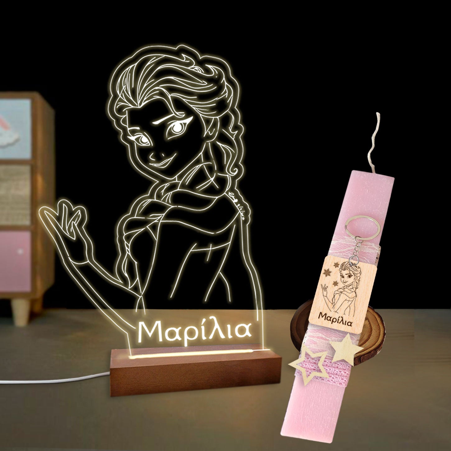 Σετ λαμπάδα με φωτιστικό plexiglass και μπρελόκ βασίλισσα του χιονιού