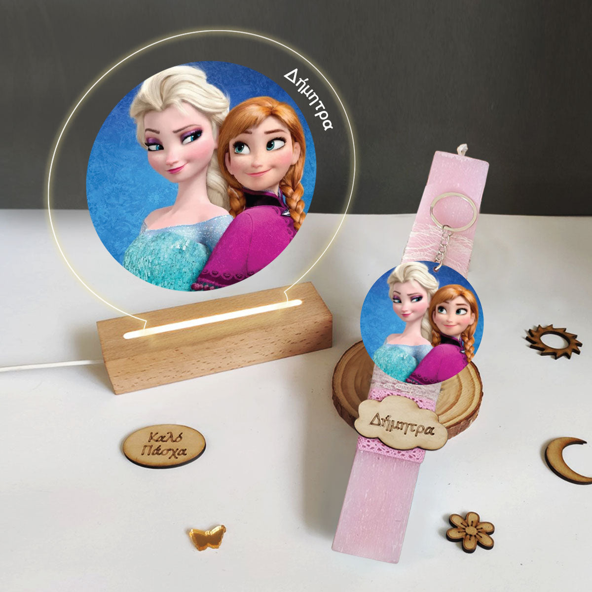 Σετ λαμπάδα με φωτιστικό plexiglass Elsa-Anna