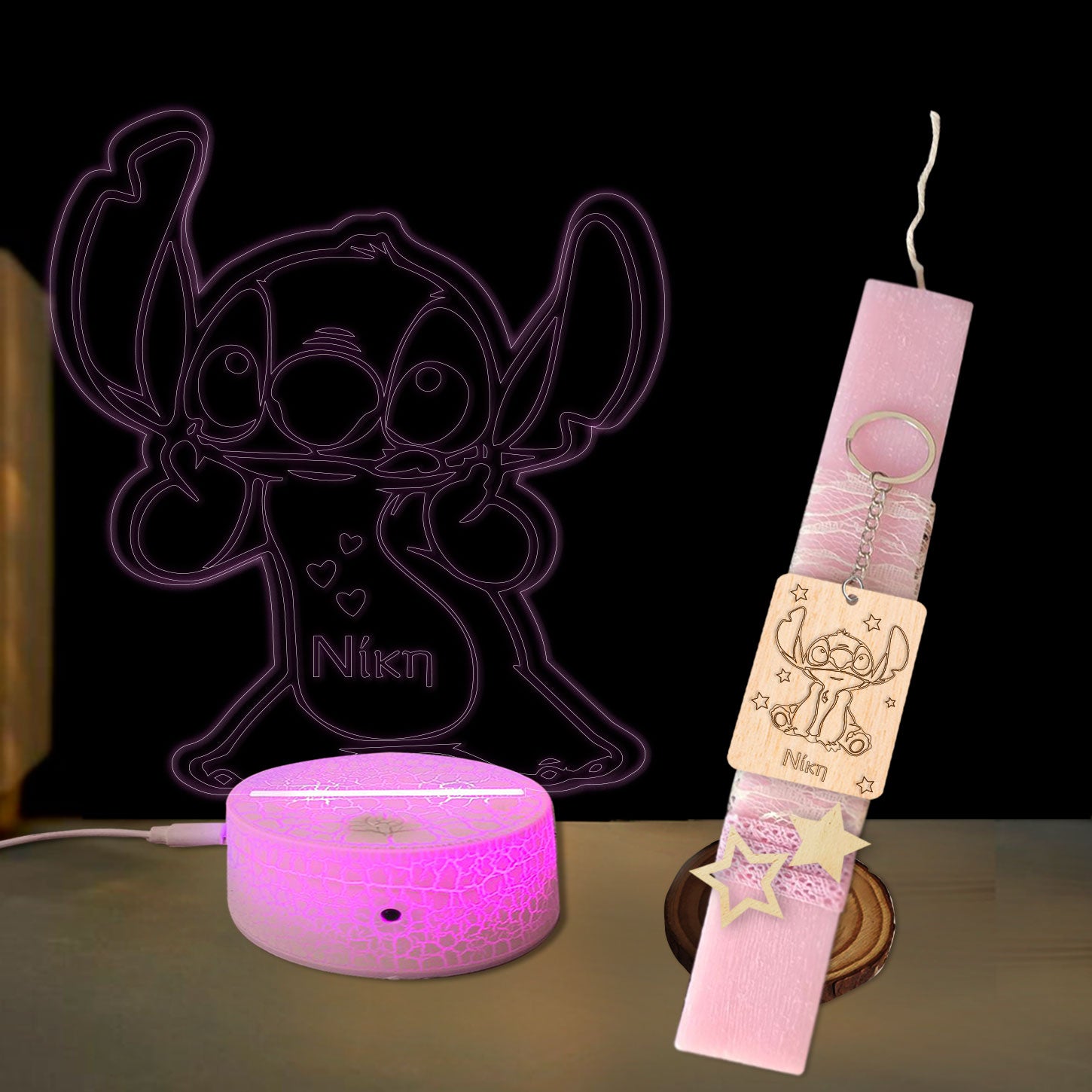 Σετ λαμπάδα με φωτιστικό plexiglass και μπρελόκ Στιτς